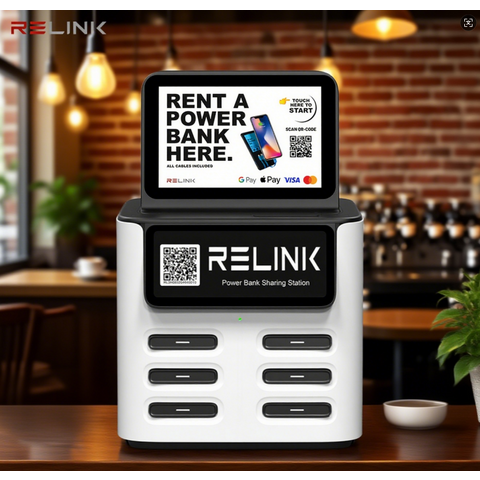 Relink Estación de Alquiler de Power Banks de 6 Ranuras con App - Kiosco de Carga de Móviles Compartido para Restaurantes