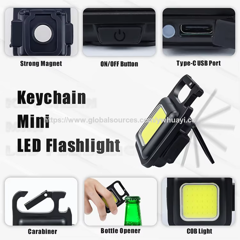 Mini Linterna COB Multifunción 4 Modos, Llavero de Bolsillo, Recargable USB Tipo C, con Imán y Abrebotellas