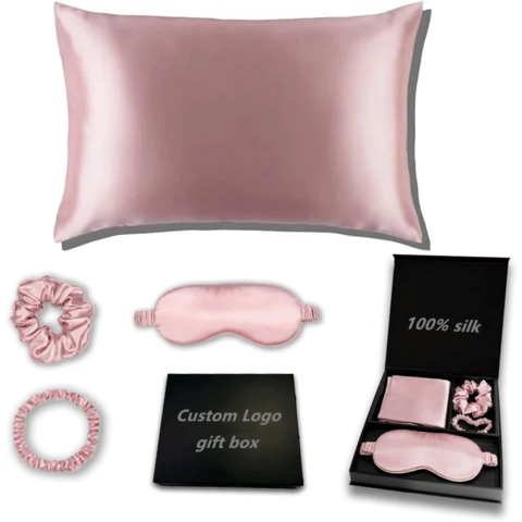 Juego de Regalo de Seda para Festivales - Funda de Almohada 100% Seda, Antifaz para Dormir y Juego de Coleteros con Caja