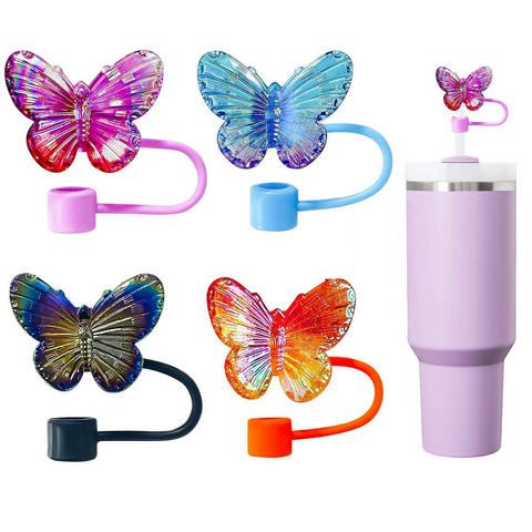 Cubierta de Pajita de Silicona para Vaso Stanley de Estilo Moderno con Diseño de Mariposa Rosa, Accesorio de Bar Ecológico a Prueba de Polvo
