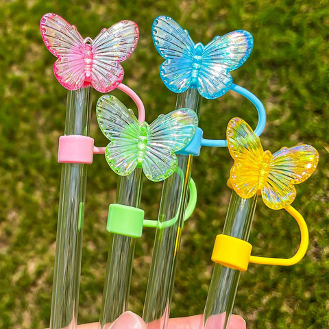Cubierta de Pajita de Silicona para Vaso Stanley de Estilo Moderno con Diseño de Mariposa Rosa, Accesorio de Bar Ecológico a Prueba de Polvo