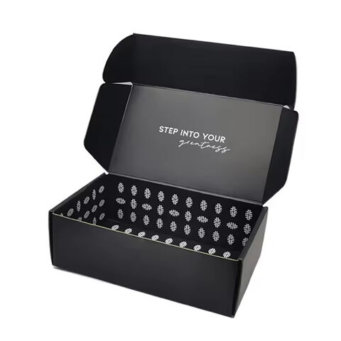 Cajas de cartón negro reciclado con logotipo personalizado para envío de ropa de alta calidad - Embalaje de papel personalizado para envíos de moda