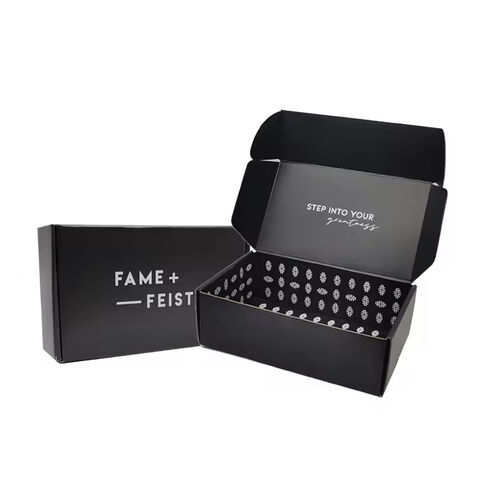 Cajas de cartón negro reciclado con logotipo personalizado para envío de ropa de alta calidad - Embalaje de papel personalizado para envíos de moda