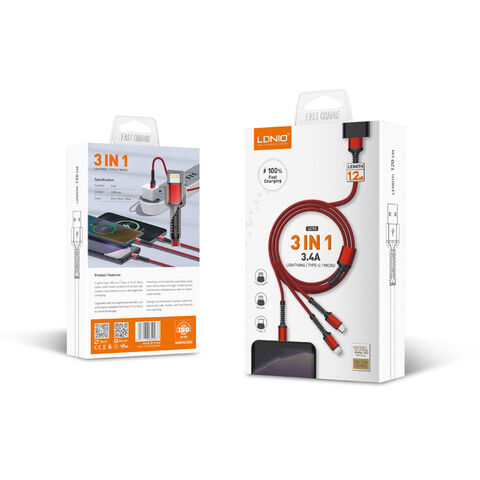 Cable USB 3 en 1 LDNIO para Carga Rápida de Teléfonos Móviles, Cable USB de Nylon de Carga Rápida