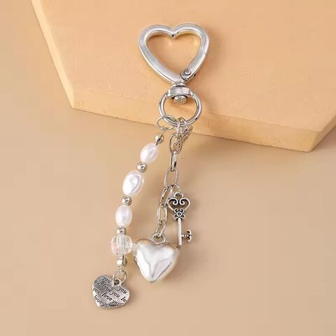 Llavero de Corazón de Amor de Metal Lindo con Perla para Mujeres y Niñas, Colgantes para Bolsos, Accesorios de Joyería Hechos a Mano DIY, Regalos