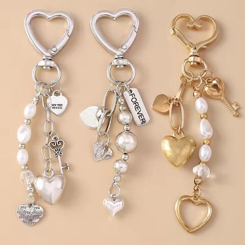 Llavero de Corazón de Amor de Metal Lindo con Perla para Mujeres y Niñas, Colgantes para Bolsos, Accesorios de Joyería Hechos a Mano DIY, Regalos