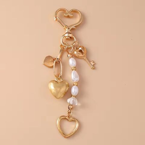 Llavero de Corazón de Amor de Metal Lindo con Perla para Mujeres y Niñas, Colgantes para Bolsos, Accesorios de Joyería Hechos a Mano DIY, Regalos