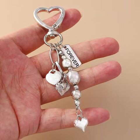 Llavero de Corazón de Amor de Metal Lindo con Perla para Mujeres y Niñas, Colgantes para Bolsos, Accesorios de Joyería Hechos a Mano DIY, Regalos