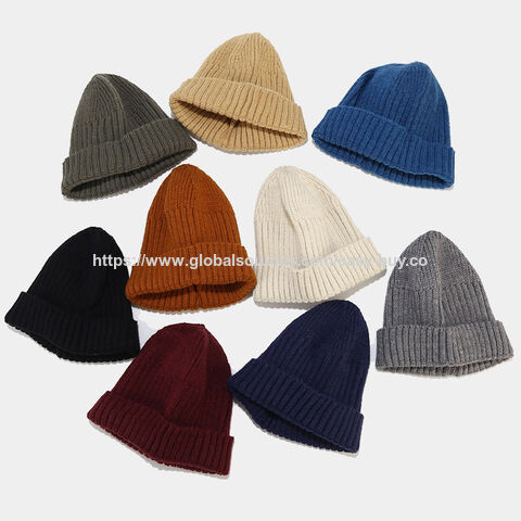 Topi kupluk rajut pria, topi wol trendi pelajar, topi dingin hangat tanpa pinggiran untuk luar ruangan musim gugur dan musim dingin
