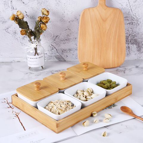 Fabricante Plato pequeño de cerámica creativo, plato para bocadillos con bandeja de madera, plato doméstico de rejilla, plato para condimentos para el hogar