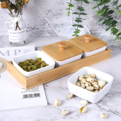 Fabricante Plato pequeño de cerámica creativo, plato para bocadillos con bandeja de madera, plato doméstico de rejilla, plato para condimentos para el hogar