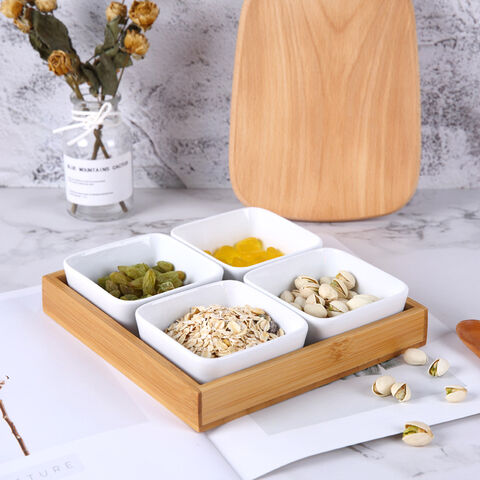 Fabricante Plato pequeño de cerámica creativo, plato para bocadillos con bandeja de madera, plato doméstico de rejilla, plato para condimentos para el hogar