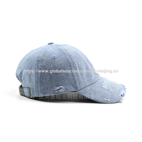 Baseballkappe aus verwaschenem Denim mit individuellem Sticklogo, lässige Dad Hat, breiter, gebogener Schirm, 6-Panel-Kappe