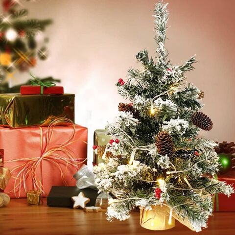 Mini Árbol de Navidad Artificial Blanco Nevado, Árbol de Navidad Pequeño de Mesa de 55 cm con Luces, Bayas Rojas y Pino