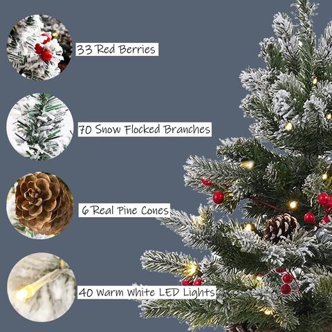 Mini Árbol de Navidad Artificial Blanco Nevado, Árbol de Navidad Pequeño de Mesa de 55 cm con Luces, Bayas Rojas y Pino