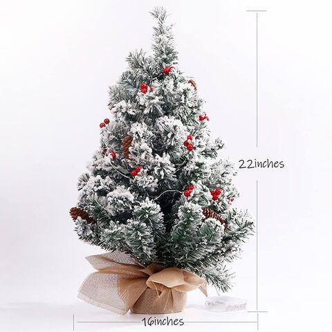 Mini Árbol de Navidad Artificial Blanco Nevado, Árbol de Navidad Pequeño de Mesa de 55 cm con Luces, Bayas Rojas y Pino