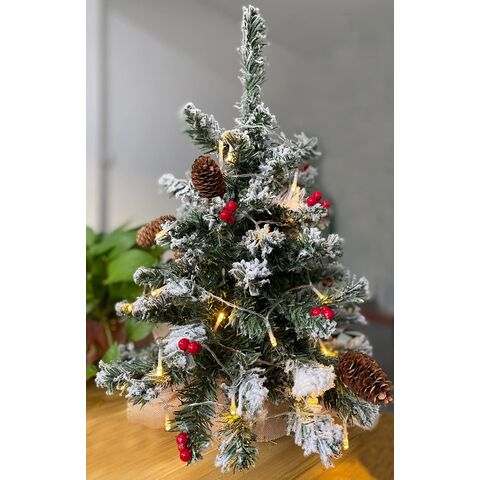 Mini Árbol de Navidad Artificial Blanco Nevado, Árbol de Navidad Pequeño de Mesa de 55 cm con Luces, Bayas Rojas y Pino