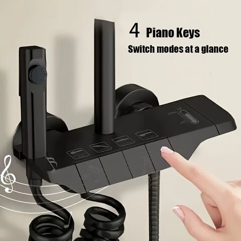 Système de douche à touches de piano à quatre faces avec pomme de tête de pluie, jet monté sur siège et douche à main - Commande thermostatique murale