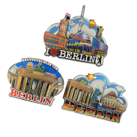 Aimants de réfrigérateur 3D personnalisés avec logo d'usine Berlin Allemagne Bois Feuille d'aluminium - Aimant souvenir en MDF