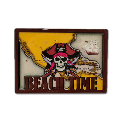 Aimant Crâne de Pirate Nautique en Bois Personnalisé, Cadeau de Voyage, Souvenir des Caraïbes