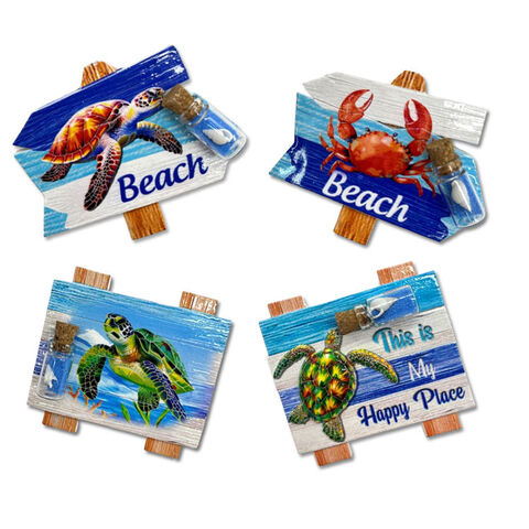 Aimant de réfrigérateur souvenir de plage avec logo personnalisé d'usine, impression 3D en résine, panneau de signalisation routière et sable en bouteille
