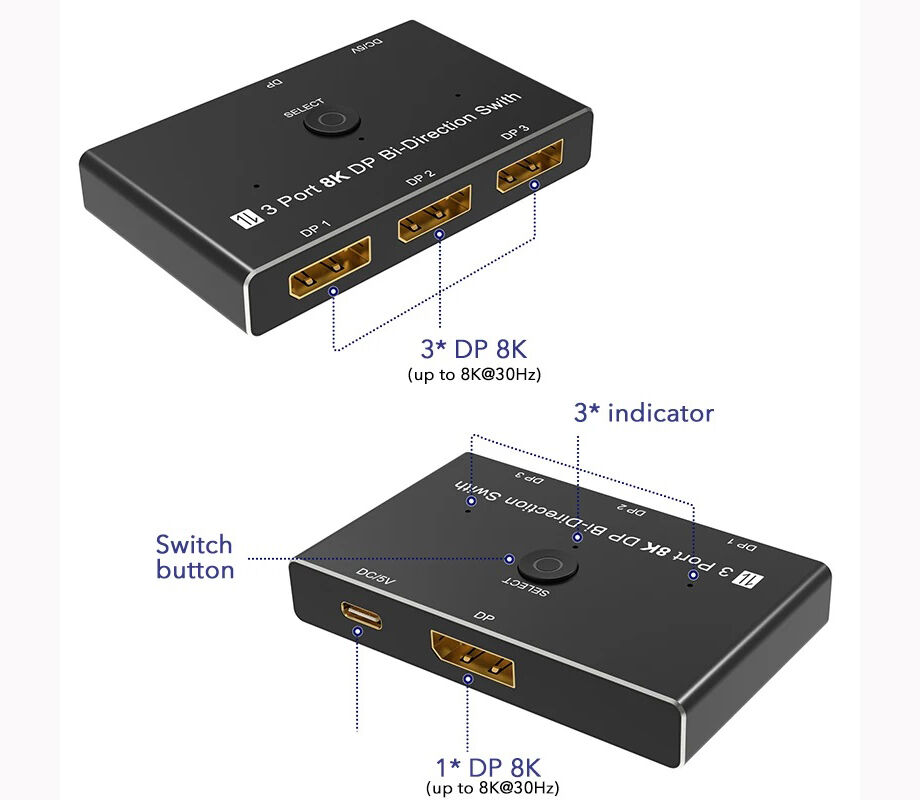 8k 60hz Displayport Adapter 1x3/3x1 Bi-directional Switcher 3 Port ...