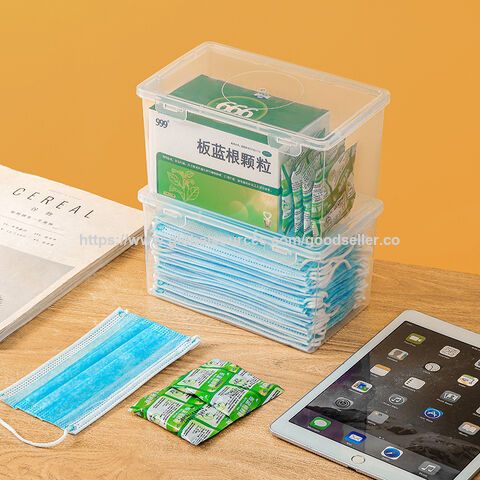 Caixa de armazenamento de plástico transparente portátil de grande capacidade para uso doméstico no atacado, caixa para máscaras