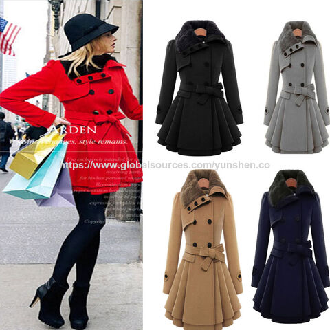 Abrigo de Invierno para Mujer 2024 con Cuello de Piel, Talla Grande, Gabardina de Lana Cruzada con Cinturón - Abrigos para Mujer al por mayor