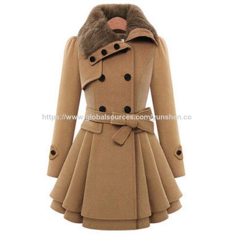 Abrigo de Invierno para Mujer 2024 con Cuello de Piel, Talla Grande, Gabardina de Lana Cruzada con Cinturón - Abrigos para Mujer al por mayor