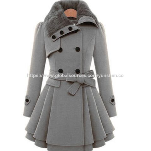 Abrigo de Invierno para Mujer 2024 con Cuello de Piel, Talla Grande, Gabardina de Lana Cruzada con Cinturón - Abrigos para Mujer al por mayor