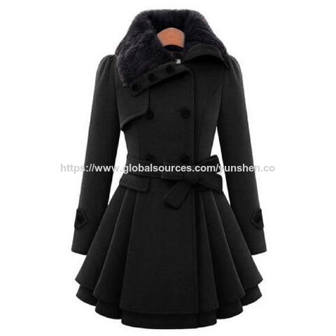 Abrigo de Invierno para Mujer 2024 con Cuello de Piel, Talla Grande, Gabardina de Lana Cruzada con Cinturón - Abrigos para Mujer al por mayor