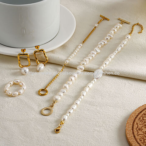 Popular Fashion Freshwater Pearl Jewelry Baroque Pvd Gold Plated Stainless Steel Freshwater Pearl Pendant Necklace