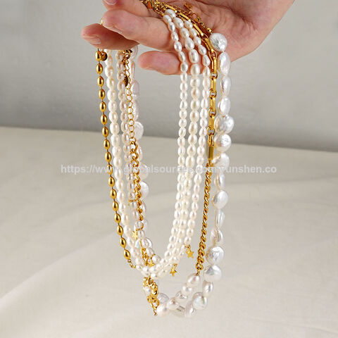 Popular Fashion Freshwater Pearl Jewelry Baroque Pvd Gold Plated Stainless Steel Freshwater Pearl Pendant Necklace
