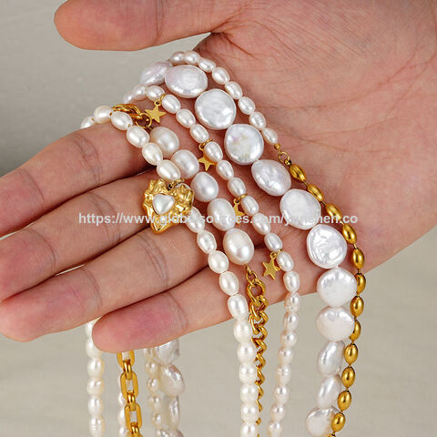 Popular Fashion Freshwater Pearl Jewelry Baroque Pvd Gold Plated Stainless Steel Freshwater Pearl Pendant Necklace