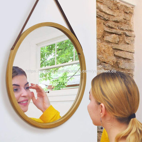 Miroir mural circulaire avec cadre en bambou massif, miroir de courtoisie pour salle de bain, miroir mural circulaire suspendu, cadre en bois ajustable