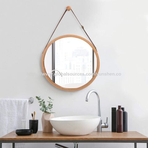 Miroir mural circulaire avec cadre en bambou massif, miroir de courtoisie pour salle de bain, miroir mural circulaire suspendu, cadre en bois ajustable