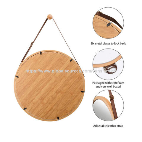 Miroir mural circulaire avec cadre en bambou massif, miroir de courtoisie pour salle de bain, miroir mural circulaire suspendu, cadre en bois ajustable