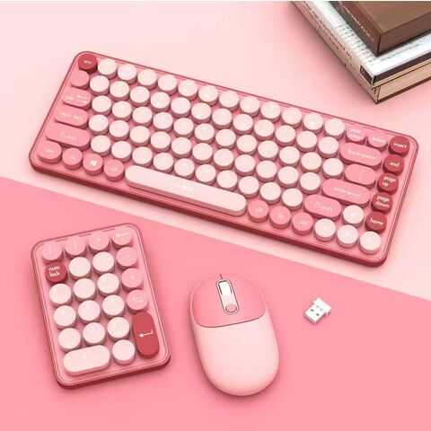 Kit de Teclado e Rato Sem Fio USB 2.4GHz Multimédia Padrão Retro para Escritório com Teclas Redondas