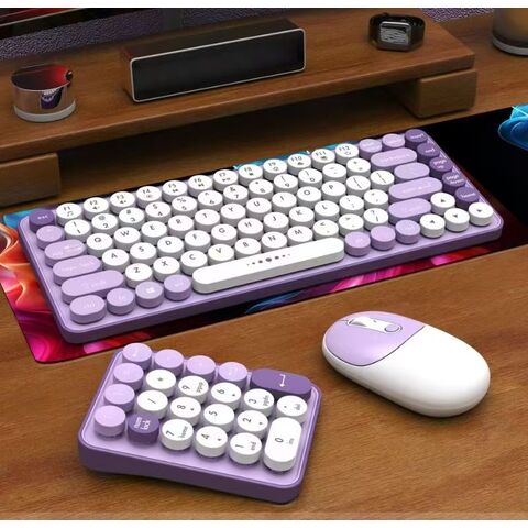 Kit de Teclado e Rato Sem Fio USB 2.4GHz Multimédia Padrão Retro para Escritório com Teclas Redondas