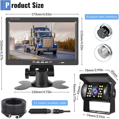 7-Zoll Universal Auto Rückfahr Monitor Kit - 18 LED Nachtsicht Rückfahrkamera mit wasserdichtem 4-Pin Verlängerungskabel