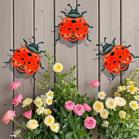 Juego de 3 mariquitas metálicas para decoración de pared, adornos coloridos para jardín, manualidades de metal para interiores y exteriores, decoración vibrante para el hogar