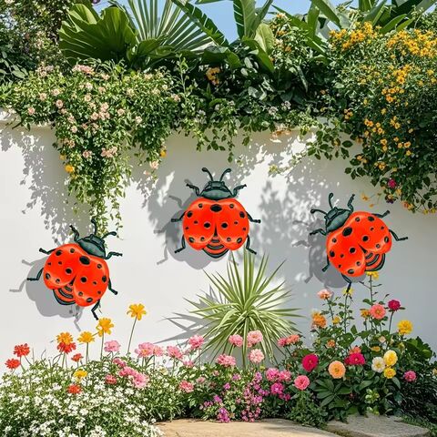 Juego de 3 mariquitas metálicas para decoración de pared, adornos coloridos para jardín, manualidades de metal para interiores y exteriores, decoración vibrante para el hogar
