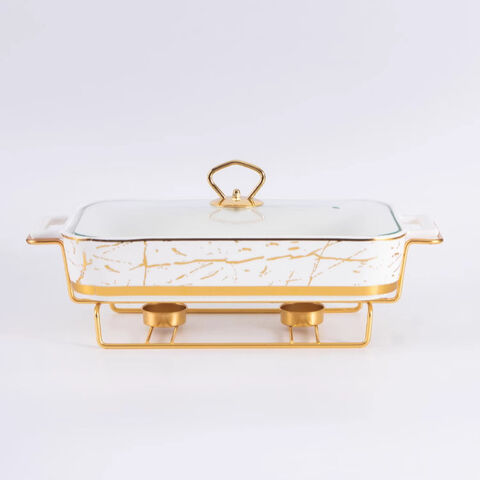 Calentador de alimentos de 2L con diseño de mármol, plato rectangular para servir, chafers para buffet