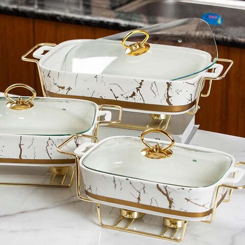 Calentador de alimentos de 2L con diseño de mármol, plato rectangular para servir, chafers para buffet