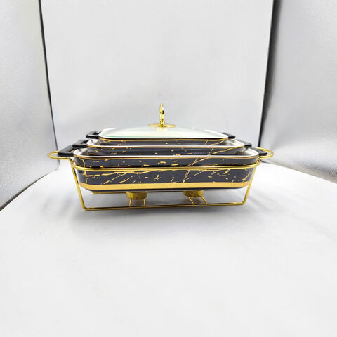 Calentador de alimentos de 2L con diseño de mármol, plato rectangular para servir, chafers para buffet
