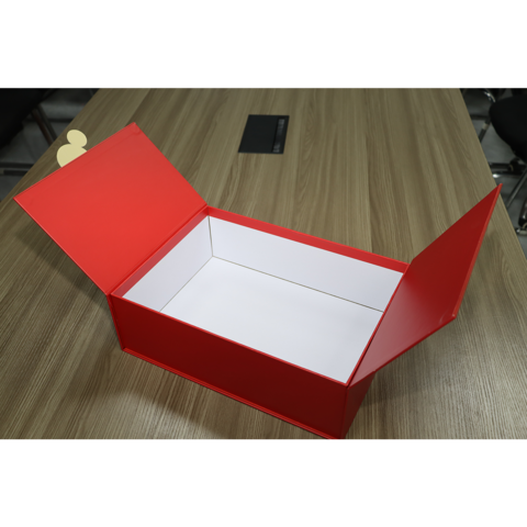 Boîte d'emballage cadeau rouge à double porte pliante directe d'usine avec papier gaufré, vernis UV sélectif et laminage brillant