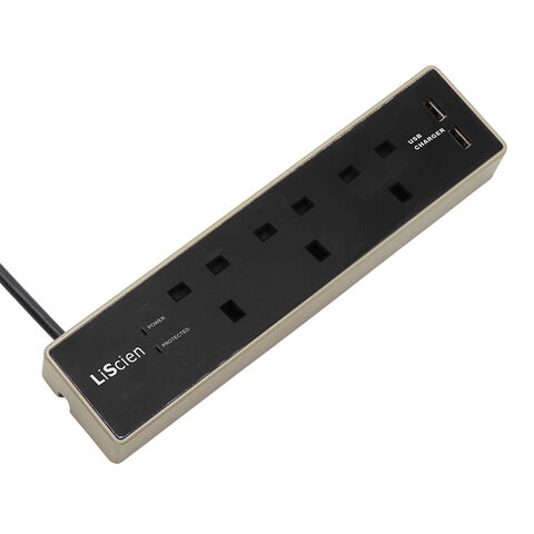Regleta de alimentación con protección contra sobretensiones, 3 enchufes BS, 2 puertos USB, enchufe UK, 2.4A