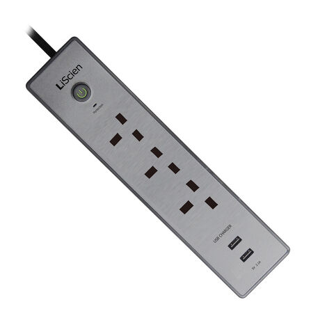 Regleta de alimentación con protección contra sobretensiones, 3 enchufes BS, 2 puertos USB, enchufe UK, 2.4A