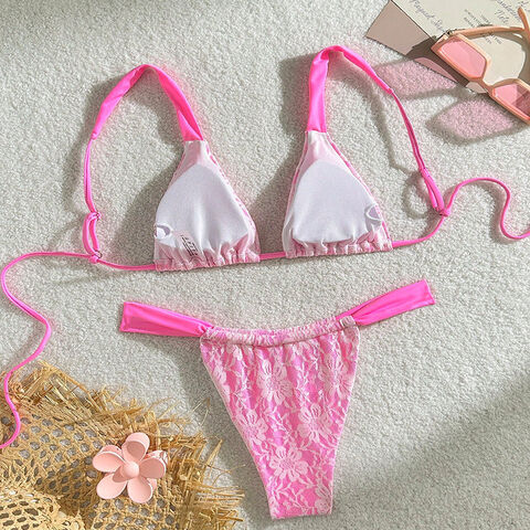 Set Bikini String Dua Potong Wanita, Baju Renang Wanita Lapisan Luar Renda Berkualitas Tinggi, Segitiga, Cup Lepas Pasang