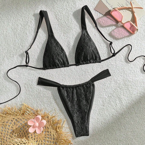 Set Bikini String Dua Potong Wanita, Baju Renang Wanita Lapisan Luar Renda Berkualitas Tinggi, Segitiga, Cup Lepas Pasang